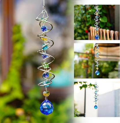 H&D HYALINE & DORA Gazing Ball Spiral Tail Wind Spinner Spiral Blue Crystal Ball with Hook Sun Catcher Rainbow Maker Hanging Decor for Yard Garden Rotating Art 20.5 "