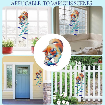 Cute Kitten Fish Wind Chimes for Outside, Handcrafted Windchimes Outdoors Unique,Suncatchers Sea Glass Art Christmas, Patio Beach Hanging Outdoor Home Garden Decor, Christmas Memorial Gifts for Women