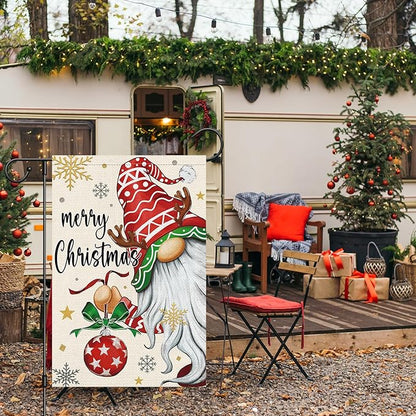 Heyfibro Merry Christmas Gnome Garden Flag 12x18 Double Sided Burlap, Christmas Ball Snowflake Garden Yard Flags for Winter Holiday Xmas Yard Outdoor Decoration(ONLY FLAG)