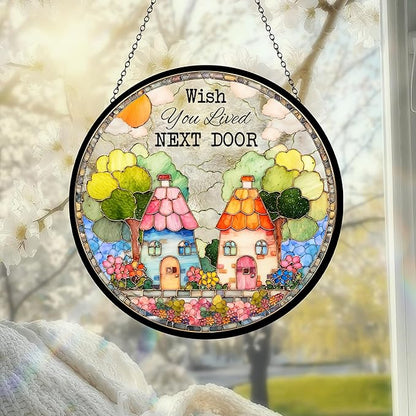 FIVITY Stained Glass Window Hanging 7.8" Wish You Lived Next Door Suncatcher Couple Friendship Stained Glass Ornament Long Distance Housewarming Valentines Moving Away Gift for Women Men Soulma