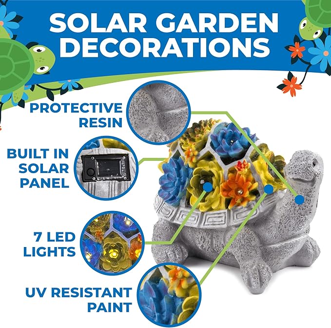 Solar Garden Outdoor Turtle Statue with Succulent and 7 LED Solar Lights – Lawn Decor Tortoise for Patio, Balcony, Yard, and Outdoor Solar Lantern