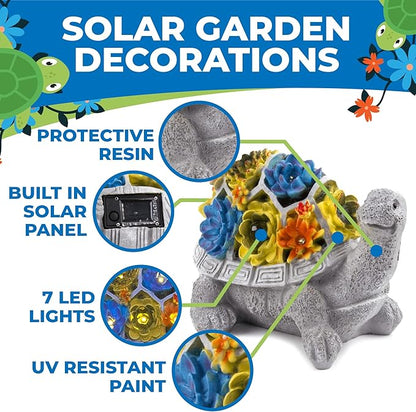 Solar Garden Outdoor Turtle Statue with Succulent and 7 LED Solar Lights – Lawn Decor Tortoise for Patio, Balcony, Yard, and Outdoor Solar Lantern