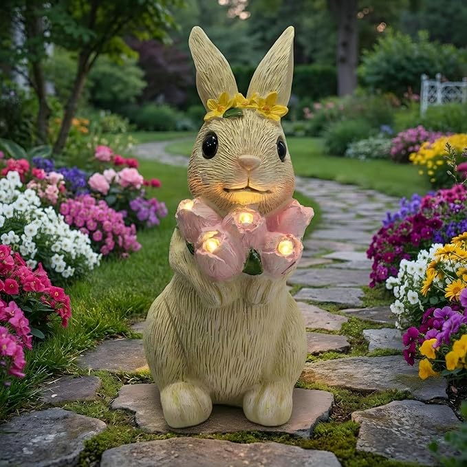 Solar Garden Statues Outdoor Decor,Rabbit Statue with Flowers and 5 LED Lights,Yard Decorations for Patio, Balcony, Backyard, Lawn Ornaments,Unique Birthday House Warming Gifts for Women, Mom, Grandma