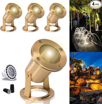 Waterproof Underwater Light 113 (4 Pack) Solid Brass 7W MR16 LED Bulb Pond Light Submersible Waterfall Pool Fountain for Beautiful Bright Long Lasting Home Garden Patio Pool