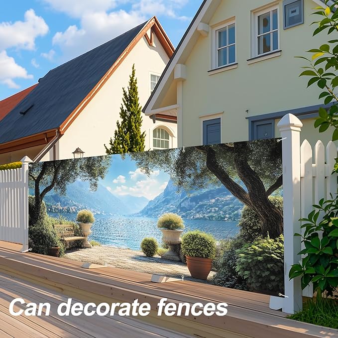 ANNA QUEEN Mural Garage Door Banner 6 x 13FT, Mediterranean Lakeside Garden View with Bench and Mountains, Romantic Garden Scenic Backdrop for Patio, Yard, Holiday, Party Decor