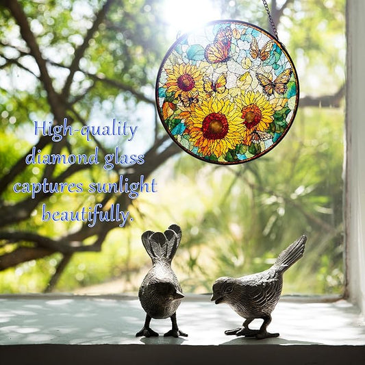 Double Sided Stained Glass Window Hanging, 7.9" Sun Catcher Panel, Green Plant Wall Art for Home & Garden, Unique Gift for Women & Men (Sunflowers&Butterflies, 7.9 Inch)