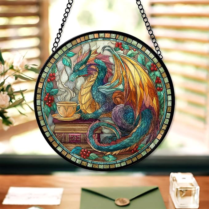 7.8" Dragon Suncatcher Stained Glass Window Hanging Fantasy Book Sun Catchers Celestial Reading Ornament Wall Art Home Room Library Decor Birthday for Readers Women Men