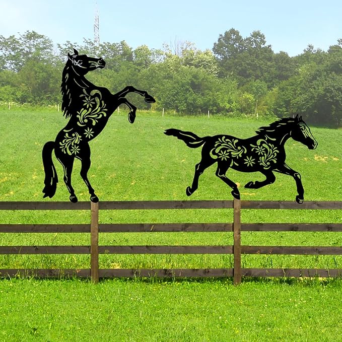 2 Pcs Year of The Horse Metal Garden Stakes, Running & Jumping Horse Silhouette Yard Art, Outdoor Lawn Patio Decor for Lunar New Year Rustic Metal Yard Stakes for Garden Pathway Farm Decor