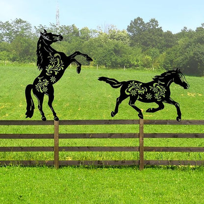 2 Pcs Year of The Horse Metal Garden Stakes, Running & Jumping Horse Silhouette Yard Art, Outdoor Lawn Patio Decor for Lunar New Year Rustic Metal Yard Stakes for Garden Pathway Farm Decor