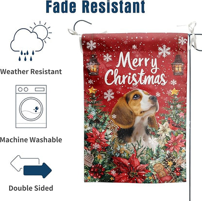 Christmas Beagle Garden Flag Merry Christmas Dog Yard Flag for Outside Xmas Flags 12x18 Double Sided Red Poinsettia Garden Flags Winter Porch Decorations Outdoor