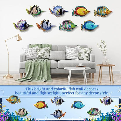 Tandefio 8 Pcs Metal Wall Decor Wall Art Hanging Decorations Outdoor Indoor Sculptures for Garden Fence Pool Home Porch(Fish)