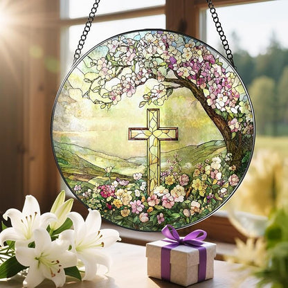 8'' Christian Cross Ornament, Stained Glass Window Hanging, Sun Catcher Window Decor, Christian Faith Home Decor, Gifts for Christmas, Cross Gifts for Religious