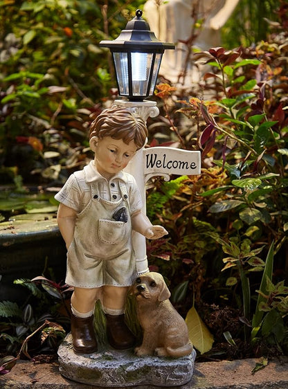 Solar Boy Statue Welcome Sign Garden Statues for Garden Decor, Porch, Lawn, Yard Art Decorations, Resin 23.2H inch