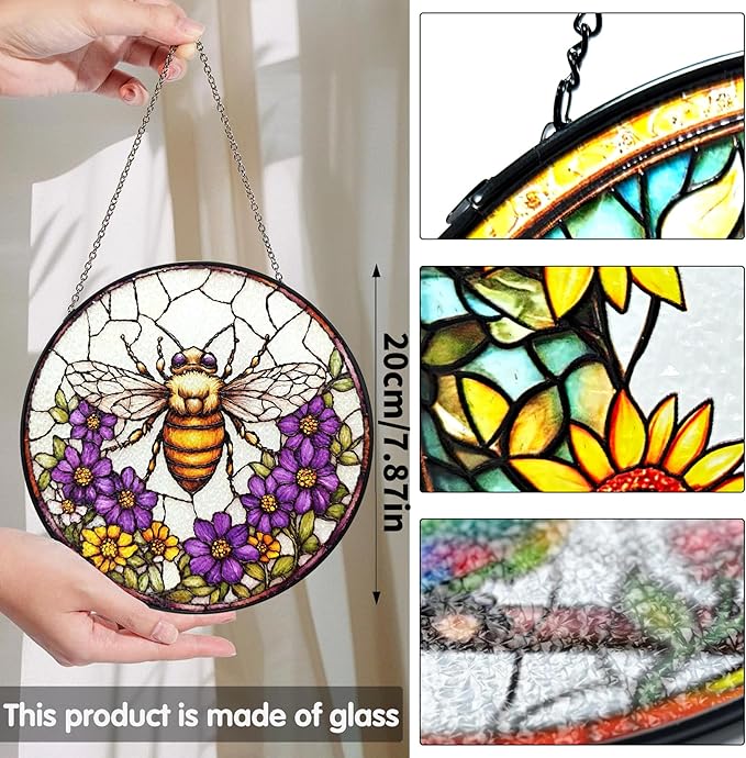 Bimkole Bee Stained Glass Suncatcher Window Hanging - Flowers Design for Indoor Window or Doorway Decoration - 7.87x7.87 inch with Chain and Hook - Unique Home Decor Gift