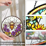 Bimkole Bee Stained Glass Suncatcher Window Hanging - Flowers Design for Indoor Window or Doorway Decoration - 7.87x7.87 inch with Chain and Hook - Unique Home Decor Gift