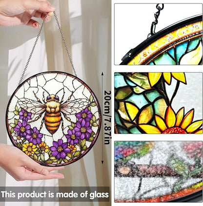 Bimkole Bee Stained Glass Suncatcher Window Hanging - Flowers Design for Indoor Window or Doorway Decoration - 7.87x7.87 inch with Chain and Hook - Unique Home Decor Gift