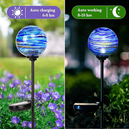 Solar Outdoor Decorative Lights Color Swirl Garden Stake Glaze Glass LED Globe Lights for Pathway Yard Lawn Decoration - 2 Pack Blue