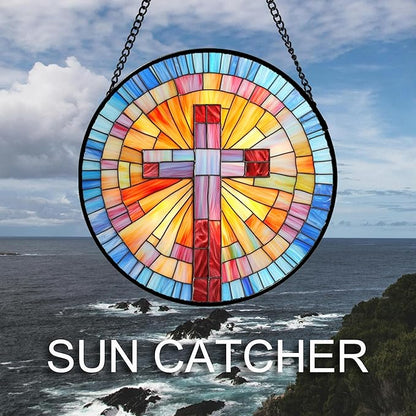 DASTOLL Christian Gifts for Women - Cross Stained Glass Window Hanging Easter Colorful Gradient Sun Catcher Garden Religion Decor Mother's Day Catholic Gift for Men Grandma Mom Nana Her 6.3"