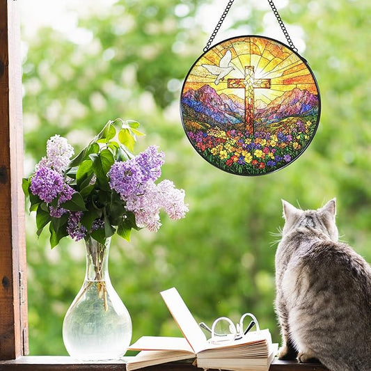 Cross Wildflowers Stained Glass Window Hanging Suncatcher, Christian Dove Sunset Sun Catcher Indoor Window Decor Gifts, Religious Painted Glass Round Wall Hanging Decorations 7.8x7.8 in