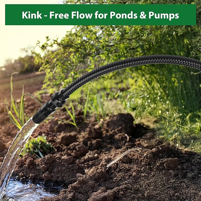1 1/4 Inch Pond Tubing – 10ft Flexible PVC Corrugated Pond Hose with 2 Stainless Steel Hose Clamps, Kink-Proof Black Pump Tubing for Garden Ponds, Waterfalls, Filters & Drainage