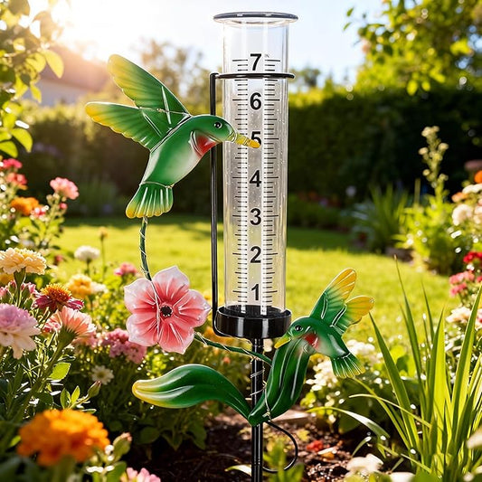 Hummingbird Rain Gauge Outdoor, Solar Stake Rain Gauges for Yard with LED Lights & Plastic Measuring Cup Large Rain Gauge Outdoor Decorative Water Gauge for Rain for Garden, Lawn, Pathway Decor