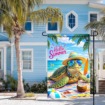BlissYard Hello Summer Sea Turtle Garden Flag 12x18 Double Sided Vertical Outdoor Decor Beach Ocean Tropical Yard Garden Lawn Patio Welcome Banner