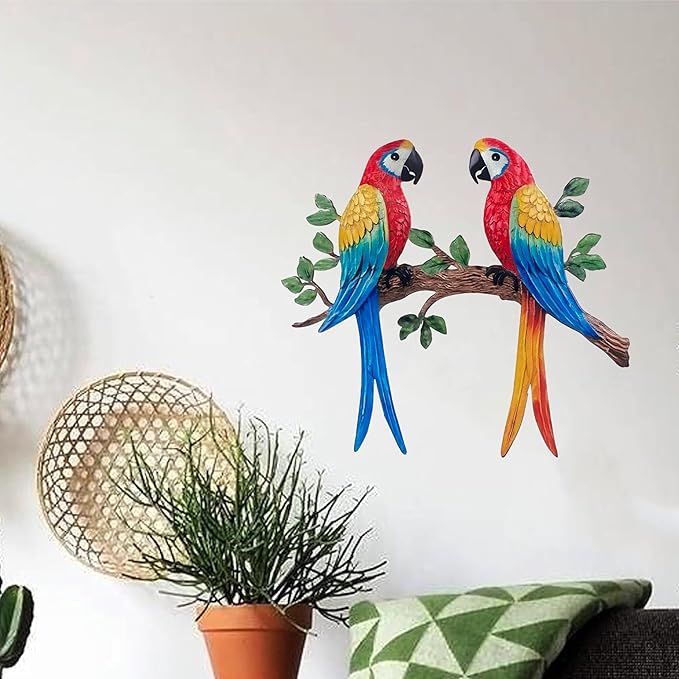 Limygus Metal Tropical Two Parrot Wall Art, Colorful Macaw Birds on Branch, Indoor Outdoor Garden Decor, Hand-Painted Hanging Decoration for Patio, Fence, Living Room, Bedroom, Balcony