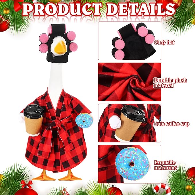 Shyyween Porch Goose Christmas Outfit 23 Inch Lady Goose Statue Clothes Red and Black Plaid Bathrobe Coffee Cup Curlers for Cement Plastic Lawn Geese Outdoor Garden Yard Patio Decoration