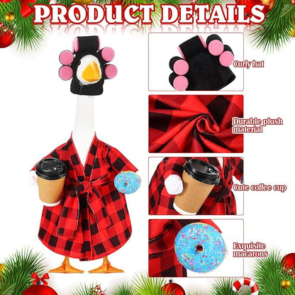Shyyween Porch Goose Christmas Outfit 23 Inch Lady Goose Statue Clothes Red and Black Plaid Bathrobe Coffee Cup Curlers for Cement Plastic Lawn Geese Outdoor Garden Yard Patio Decoration