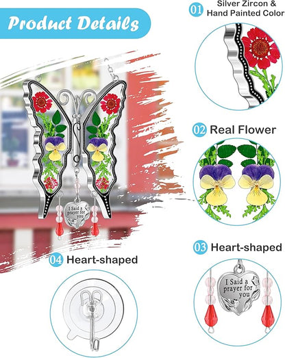 KY&BOSAM Butterfly Suncatcher for Window Hanging I Said a Prayer for You Stained Glass Catchers Real Flower Hangings Wind Chimes Home Decor Gifts for Women Mothers Day Birthday Thanksgiving Christmas