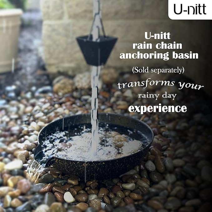U-nitt Rain Chain Water Collection for Gutters Rainwater Catcher & Diverter, 8.5 FT Chains for Outside Garden, Black Square Cups, Roof Downspout, Works with Heavy Rain, w/Gutter Clip for Rainchains