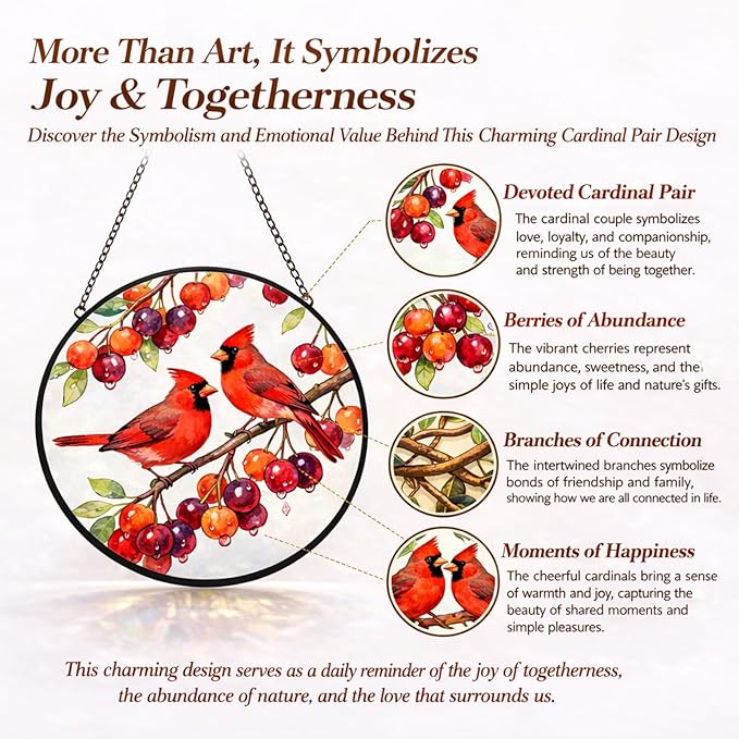 Cardinal Suncatcher Window Hanging, 7.8" Stained Glass Decor, Meaningful for Mom, Grandma, Family and Friends, Red Cardinal Window Decor for Kitchen, Sunroom and Garden