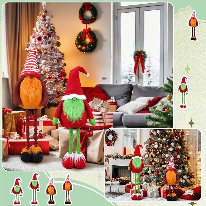 Yerliker 2 Pcs Christmas Large Plush Gnomes Decorations Lime Green Gnomes Xmas Stuffed Animals Porch Yard Decor 28 to 43 Inch Santa Decoration with Retractable Legs for Gifts Home Indoor Outdoor