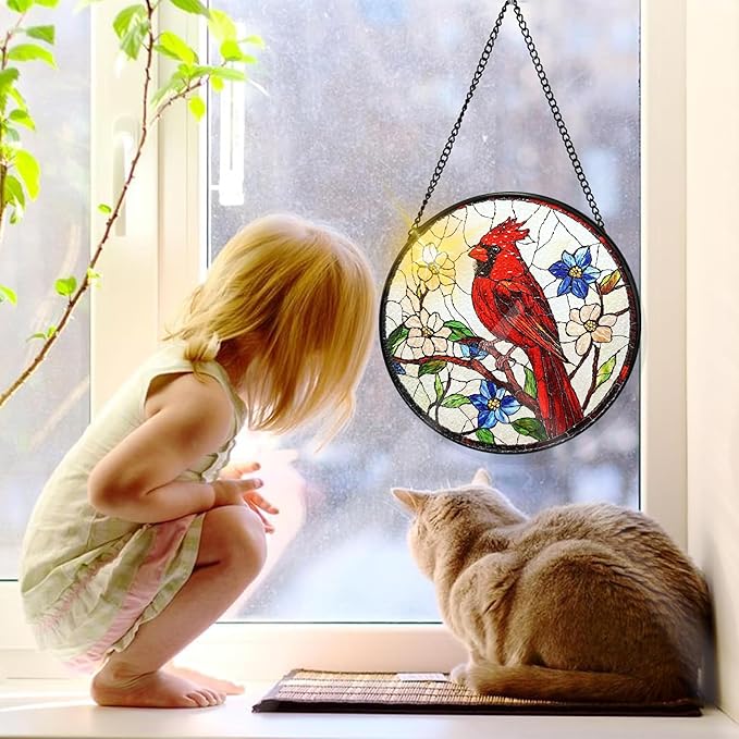 Bimkole Red Bird Stained Glass Suncatcher Window Hanging - Flowers Design for Indoor Window or Doorway Decoration - 7.87x7.87 inch with Chain and Hook - Unique Home Decor Gift