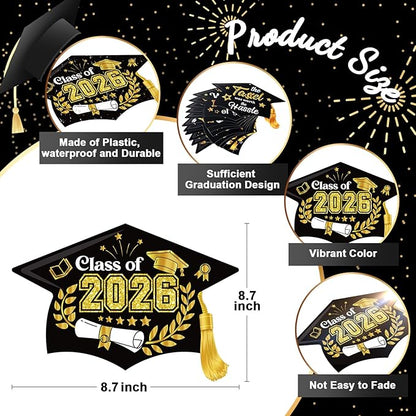 Chunful 12 Pack Graduation Yard Signs Grad Decoration 2026 Happy Graduate Lawn Garden Sign with Stake Congrats Outdoor Plastic Cap Hanging Ornament for Class Pathway Walkway Porch Party(Black)