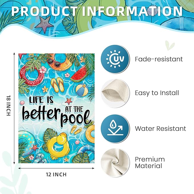 Summer Garden Flags for Outside, LIFE IS BETTER AT THE POOL Small Seasonal Decoration for Farmhouse Holiday Yard Outdoor Decor 12x18 Inch Double Sided