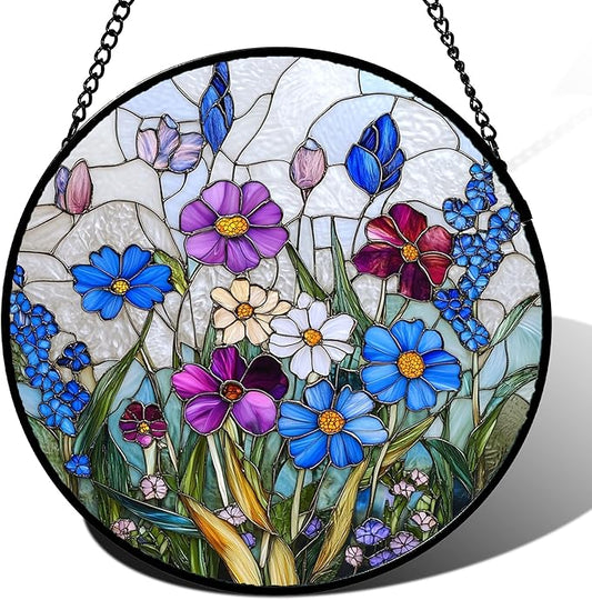 Stained Glass Window Hanging Blue Purple Wildflowers 6.3" - Suncatcher Door Garden Sunroom Sun Catcher Home Decor Birthday Christmas for Mom Men Woman Nana Friend
