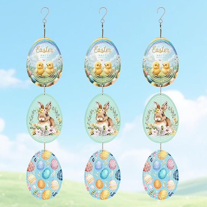 Wind Spinners Outdoor, Bird Repellent，3D Rabbit and Eggs Hanging, 15 inches, Kinetic, Stainless-Steel Metal, Indoor and Outdoor Decoration for Garden, Patio, Yard, Gift for Women Mom Wife.