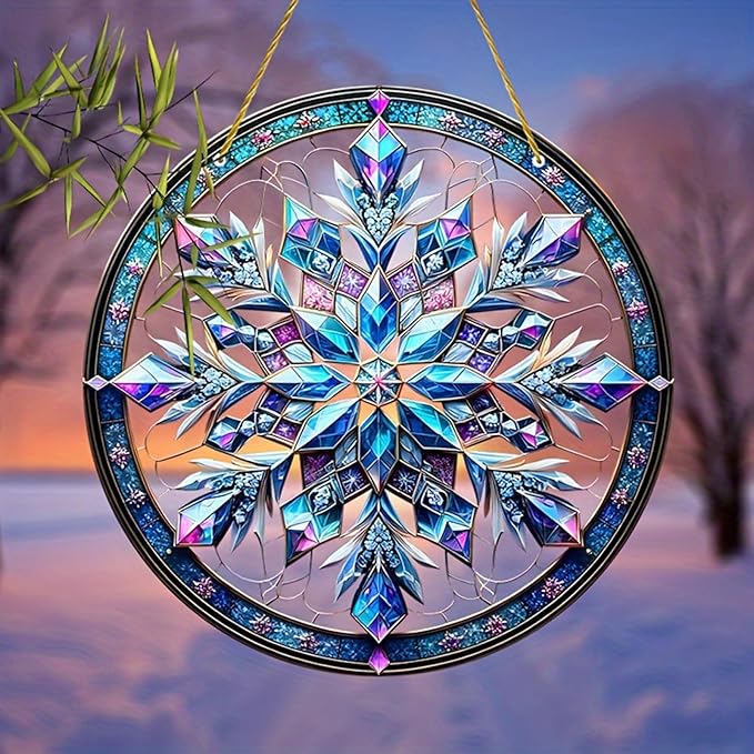 Banax Snowflake Hanging Stained Glass for Windows,23cm/9 inch Hand-Painted Sun Catcher Garden Hangings Christmas Mother's Day, Valentine's Day Ornaments Festival Gift