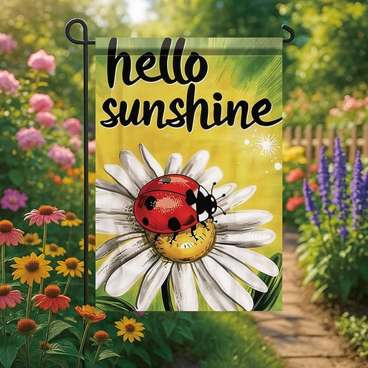 Spring Summer Garden Flag 12x18 Inch Hello Sunshine Ladybug Daisy Floral Art Design Outdoor Yard Porch Lawn Garden for Seasonal Farmhouse Country Home Decor