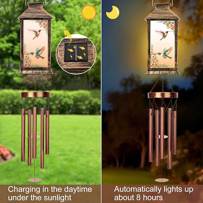 YHmall Wind Chimes for Outside, 37" Memorial Windchimes Outdoors Hummingbird Gifts for Women Mom Grandma, Hanging Lantern Solar Wind Chimes for Outside Home Patio Garden Outdoor Decor