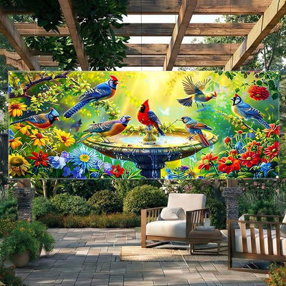 Garage door banner 157.5x70.9 inches large garage door cover outdoor spring garden decoration with bird pattern, garage door decoration with eyelets and rope, suitable for house exterior walls.