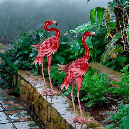 2Pcs Flamingo Garden Statues Metal Pink Flamingos Sculptures for Outdoor Backyard Decor Patio Lawn Porch Yard Decoration (Pink)