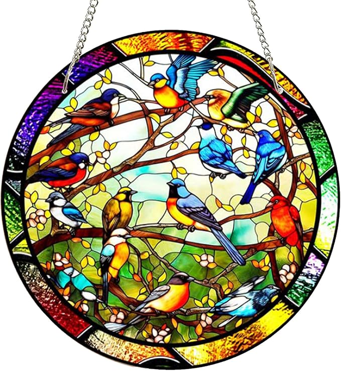7.9'' Acrylic Window Hanging Decor,Stained Panel Hangings Decorative Acrylic Wall Decor Colorful Ornament Window Hangings for Outdoor Indoor Decor(Birds Concert)