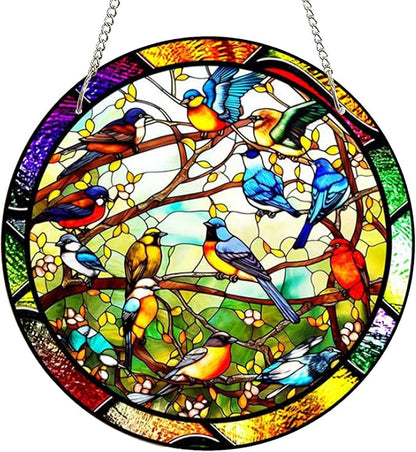 7.9'' Acrylic Window Hanging Decor,Stained Panel Hangings Decorative Acrylic Wall Decor Colorful Ornament Window Hangings for Outdoor Indoor Decor(Birds Concert)
