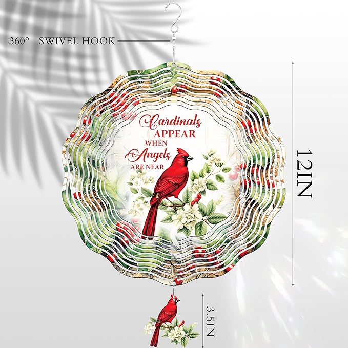 Cardinal Wind Spinners Outdoor - 3D Metal Hanging Decor for Garden Patio Porch Indoor Home 12 Inch Kinetic Spinning Yard Art Ornaments Christmas New Year Birthday Gifts for Women Mom Grandma