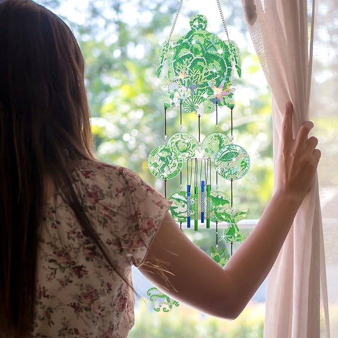 GlikCeil Beach Wind Chimes Diamond Art Wind Chimes Suncatchers Beach Diamond Art Kits with Crystal Pendant Hanging Ornament for Home Garden Patio Backyard Decor (Green)