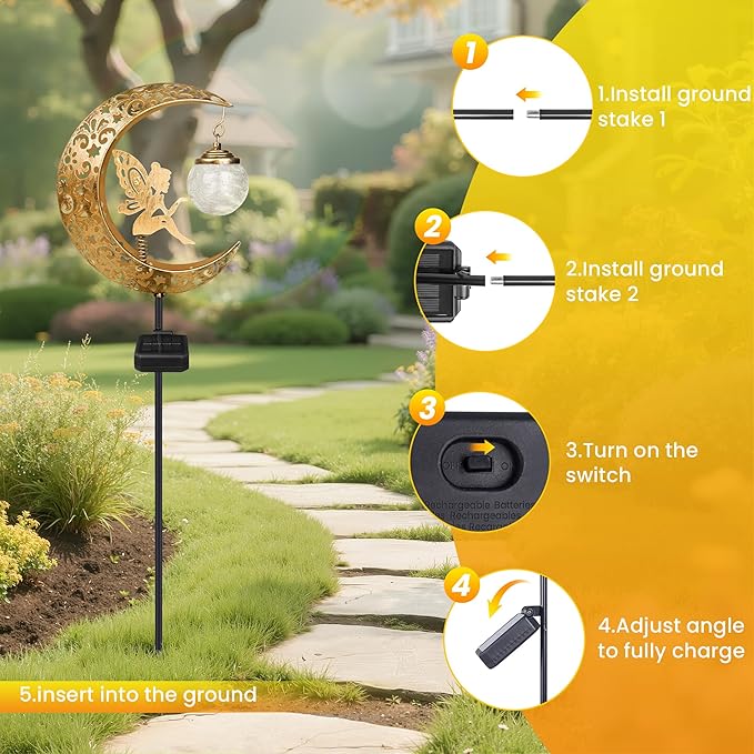 Solar Garden Statues Outdoor Decor, Fairy Moon Figurine Light Stake, Housewarming Ornament for Patio, Lawn, Yard, Pathway - Unique Gift Ideas for Gardening Mom Grandma