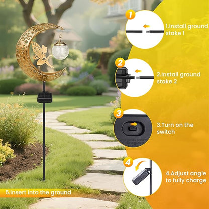 Solar Garden Statues Outdoor Decor, Fairy Moon Figurine Light Stake, Housewarming Ornament for Patio, Lawn, Yard, Pathway - Unique Gift Ideas for Gardening Mom Grandma