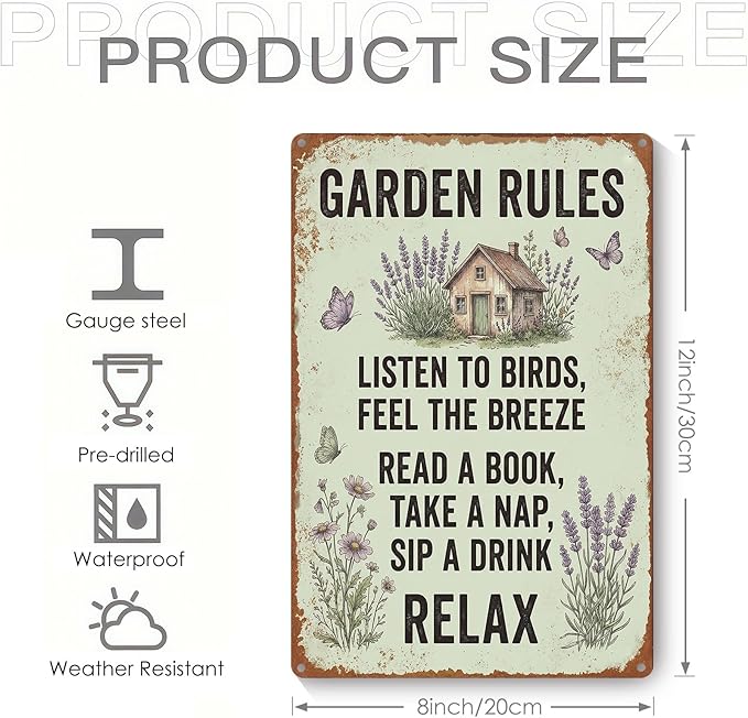 Vintage Metal Garden Sign, Garden Rules Wall Decor for Home Patio Yard, Gardening Gifts for Women, 8 x 12 Inches